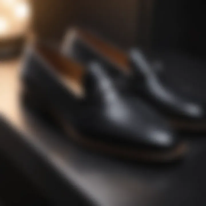 Close-up of black loafers showcasing texture and quality