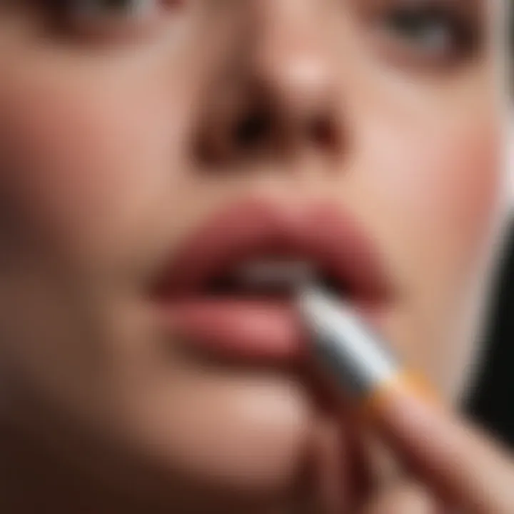 Person applying chapstick to lips in a thoughtful manner