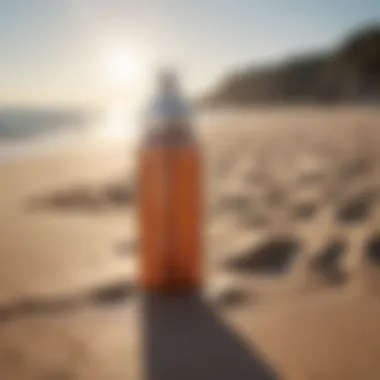 Beauty Counter Sunscreen Spray on Beach Sleek bottle of Beauty Counter sunscreen spray on a sunlit beach