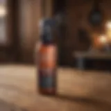 A bottle of heat protectant spray on a rustic wooden table