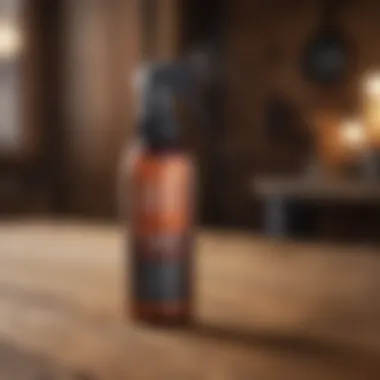 A bottle of heat protectant spray on a rustic wooden table