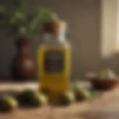 A jar of olive oil with fresh olives beside it