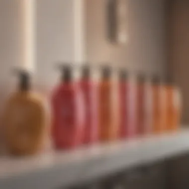 An array of thickening shampoos on a vanity