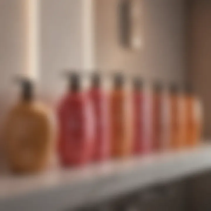 An array of thickening shampoos on a vanity