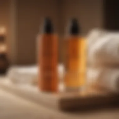 Tanning Essentials for a Flawless Look An elegant vanity setup with tanning drops, a lotion, and a towel