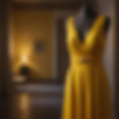 A vibrant yellow dress hanging elegantly against a bright backdrop