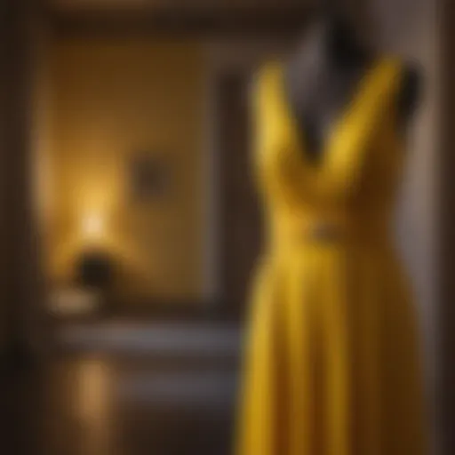 A vibrant yellow dress hanging elegantly against a bright backdrop