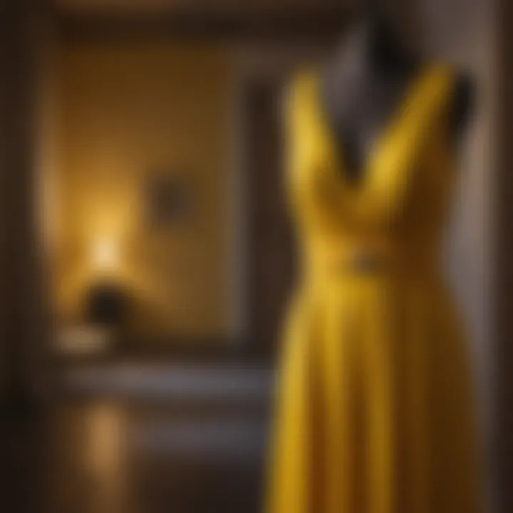 A vibrant yellow dress hanging elegantly against a bright backdrop