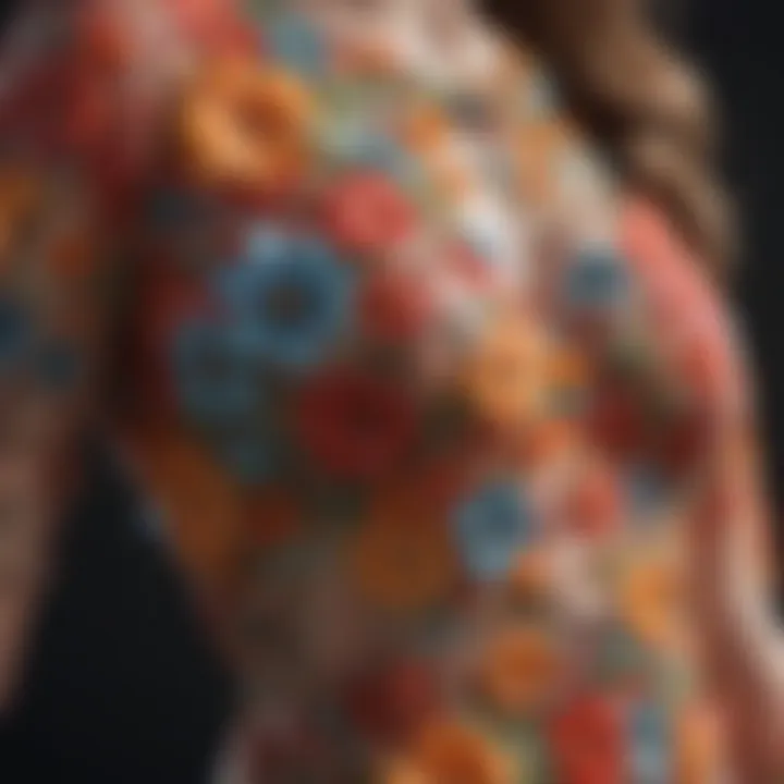 Close-up of intricate patterns on a bright floral dress