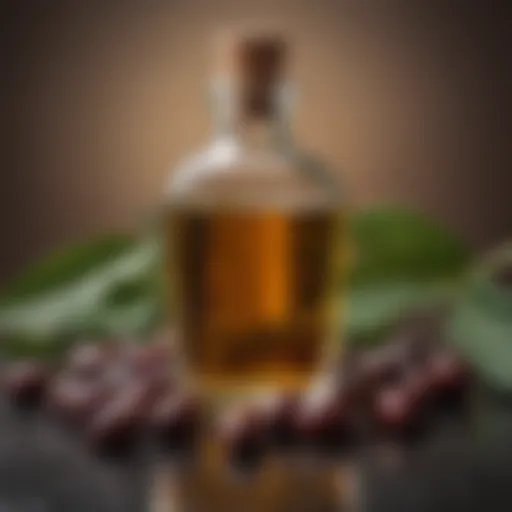 A close-up view of castor oil in a glass bottle surrounded by fresh castor beans.