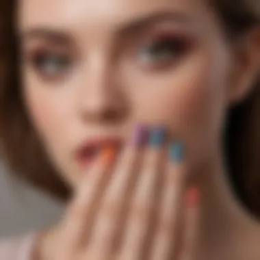 Close-up of nails painted in different seasonal colors