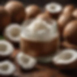 Coconut oil in a glass jar with fresh coconuts