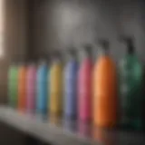 A vibrant display of various body wash bottles showcasing different colors and textures.