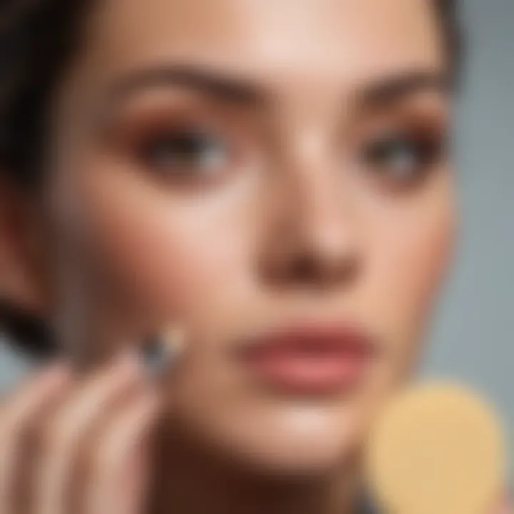 A close-up of a woman applying a lightweight foundation with a beauty sponge on her skin.