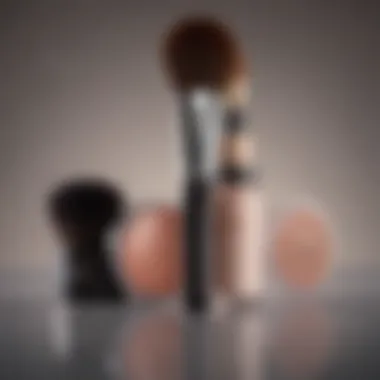 An elegant makeup brush set displayed next to a palette of foundations and blemish creams.