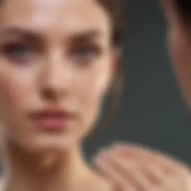 Woman examining her skin with supplements in the background.