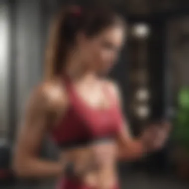 A user engaging with a workout app on a mobile device in a vibrant setting