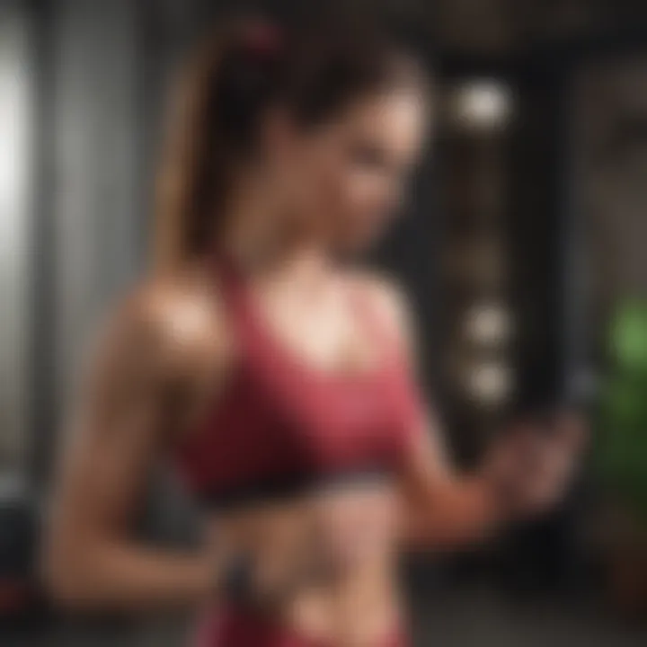 A user engaging with a workout app on a mobile device in a vibrant setting