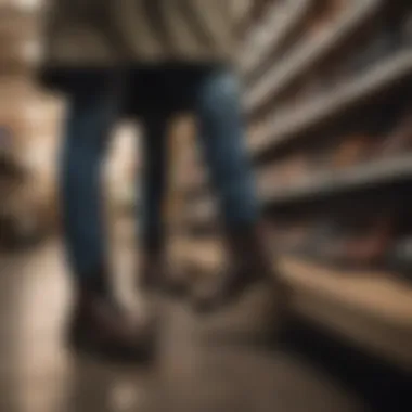 Finding the Best Deals: Shopping for Doc Marten Shoes A shopper examining Doc Marten shoes on sale at a retail store