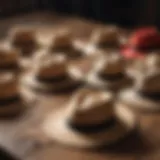 A collection of elegant summer hats displayed on a vintage wooden table.