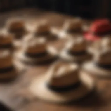 A collection of elegant summer hats displayed on a vintage wooden table.