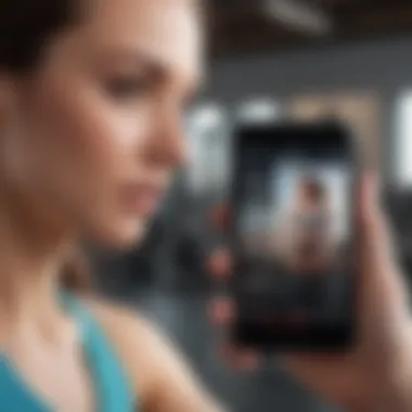 User Engaging with Workout App A close-up of a user engaging with a fitness app during a workout session.