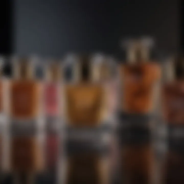 A luxurious display of various perfume bottles representing different brands