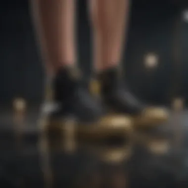 Stylish outfit featuring black and gold sneakers