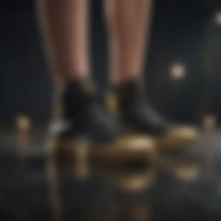 Stylish outfit featuring black and gold sneakers