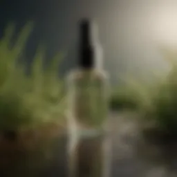 Close-up of a natural eyelash serum bottle with botanical ingredients