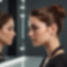 A woman exploring different hairstyles in front of a mirror