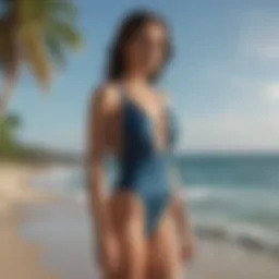 Elegant high leg one piece swimwear in a beach setting