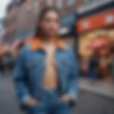 Vibrant 90s Street Style A vibrant 90s street style outfit showcasing oversized denim jackets and colorful accessories