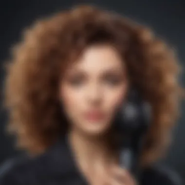 A close-up view of curly hair being styled with a specific hair dryer.