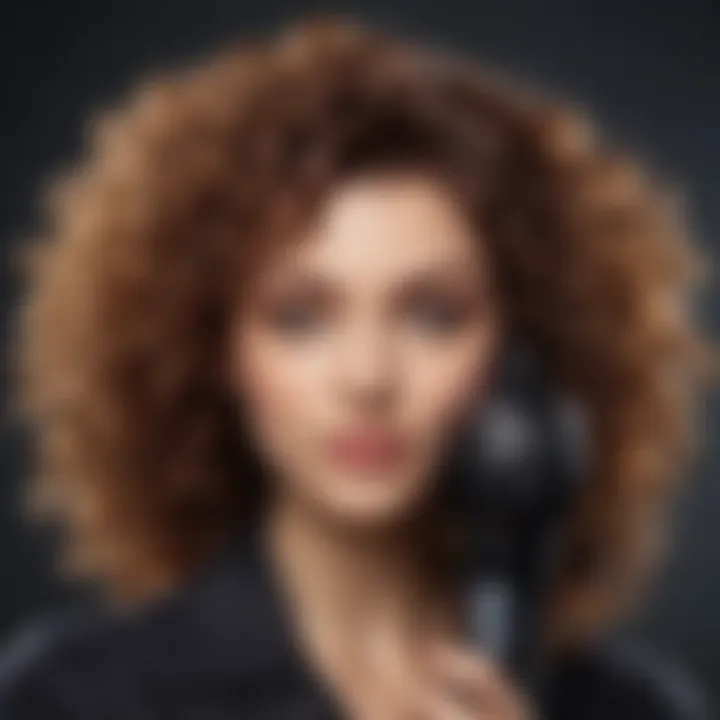 A close-up view of curly hair being styled with a specific hair dryer.