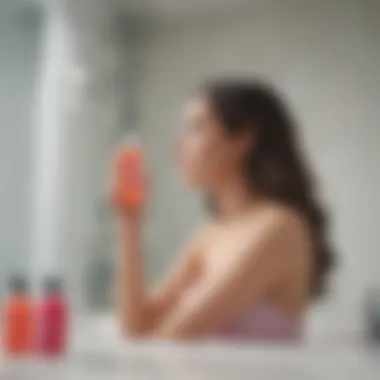 User applying Love and Beauty Shampoo in a bright bathroom setting