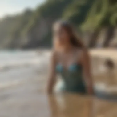 A serene beach scene where individuals are preparing for a mermaid swim class.
