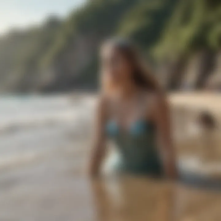 A serene beach scene where individuals are preparing for a mermaid swim class.