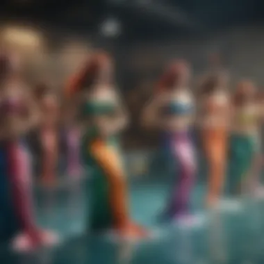 A group of enthusiastic participants in a mermaid swim class, showcasing their colorful tails.