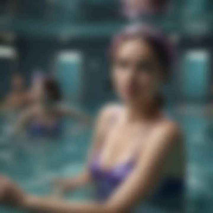 An instructor guiding students through mermaid swimming techniques in a pool setting.