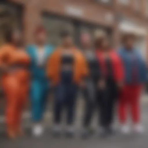 A diverse group showcasing vibrant non-binary plus size outfits in an urban setting
