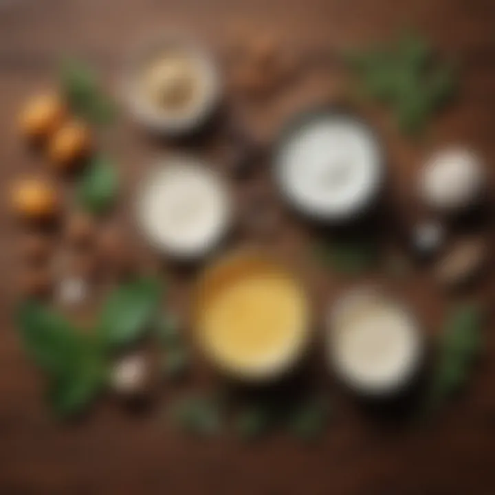 Close-up of natural ingredients used in face moisturizers on a wooden background.