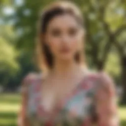 Chic floral spring dress on a model in a sunlit park