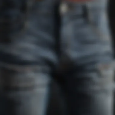 A close-up of saggy jeans showcasing unique fabric textures and design details