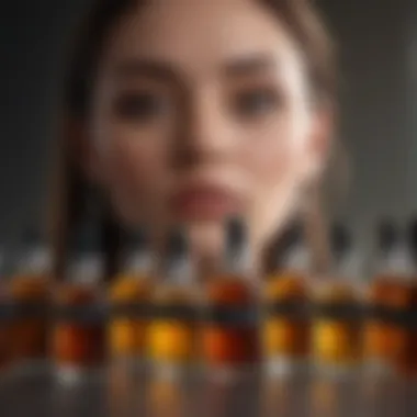 Close-up of various facial oils in elegant glass bottles with droppers, showcasing their diversity.