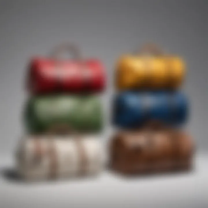 Different styles of canvas duffle bags displayed together