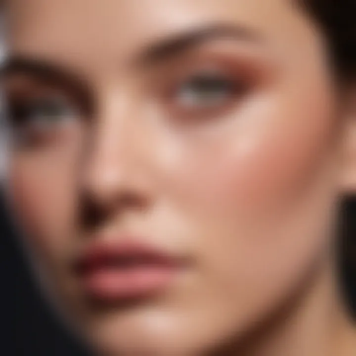 Close-up application technique of glowy blush on cheekbones