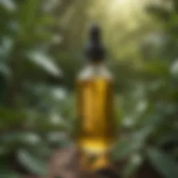 Jojoba oil bottle surrounded by green leaves