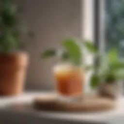 A serene morning routine featuring hydrolyzed collagen powder in a glass beside a plant.