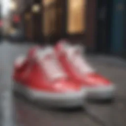 A stylish pair of trendy sneakers on a vibrant street.